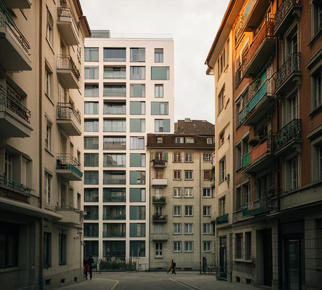Kontrast zwischen modernen Apartments und älteren Wohnblocks in einem Zürcher Quartier