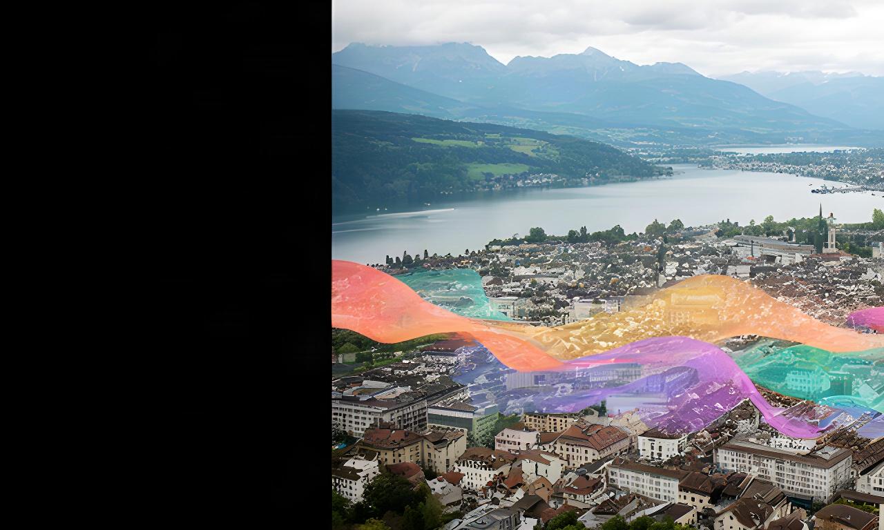 Zürich mit See und dicht bebautem Stadtgebiet vom Uetliberg aus, überlagert von farbigen Emissionsdaten