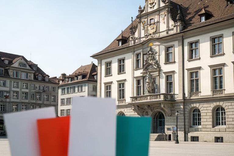Zürcher Rathaus bei hellem Tageslicht mit Abstimmungsplakaten im Vordergrund