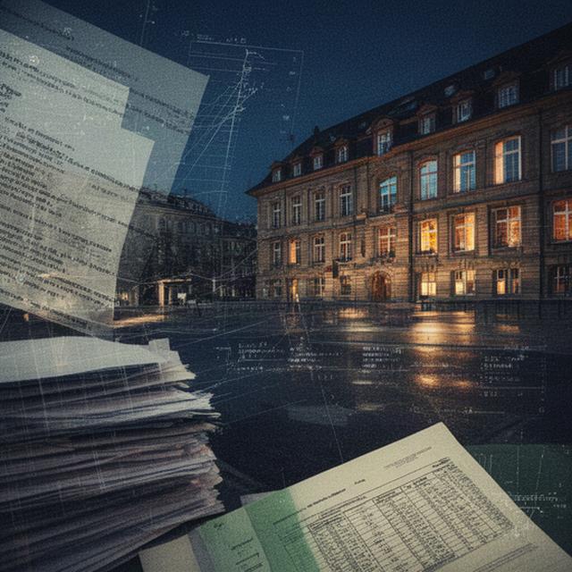 Nächtliches Zürcher Stadthaus mit überlagerten Rechercheunterlagen, Tabellen und markierten Verwaltungsdokumenten