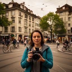 Fotojournalistin mit Kamera an einer belebten Zürcher Strassenecke
