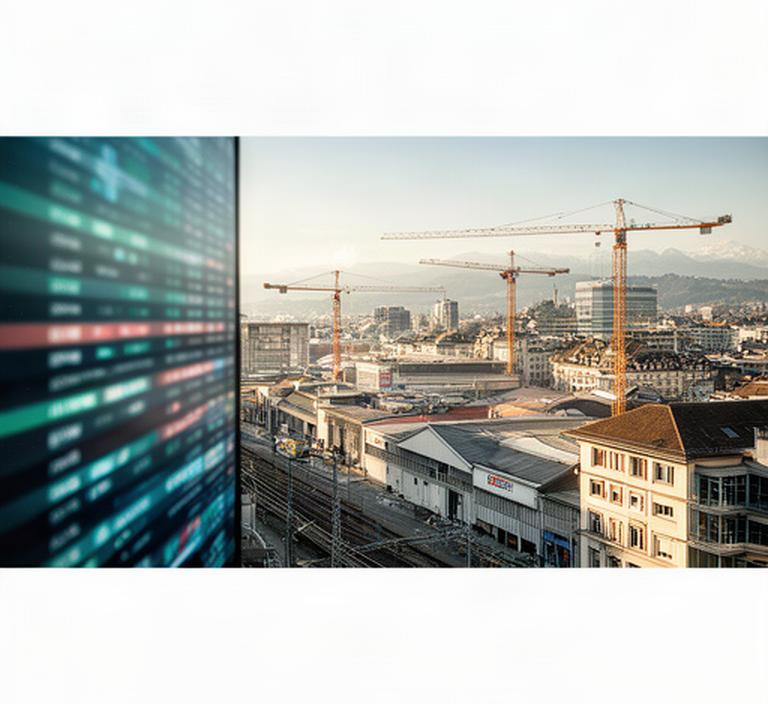 Börsentafel und Industriequartier mit Kränen an einem klaren Morgen in Zürich
