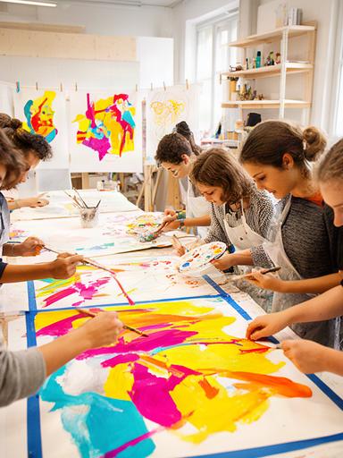 Jugendliche arbeiten in einem hellen Atelier in Zürich Oerlikon an grossen Papierbildern