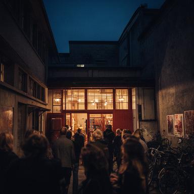 Nächtlicher Innenhof der Roten Fabrik mit warmem Licht und wartendem Publikum